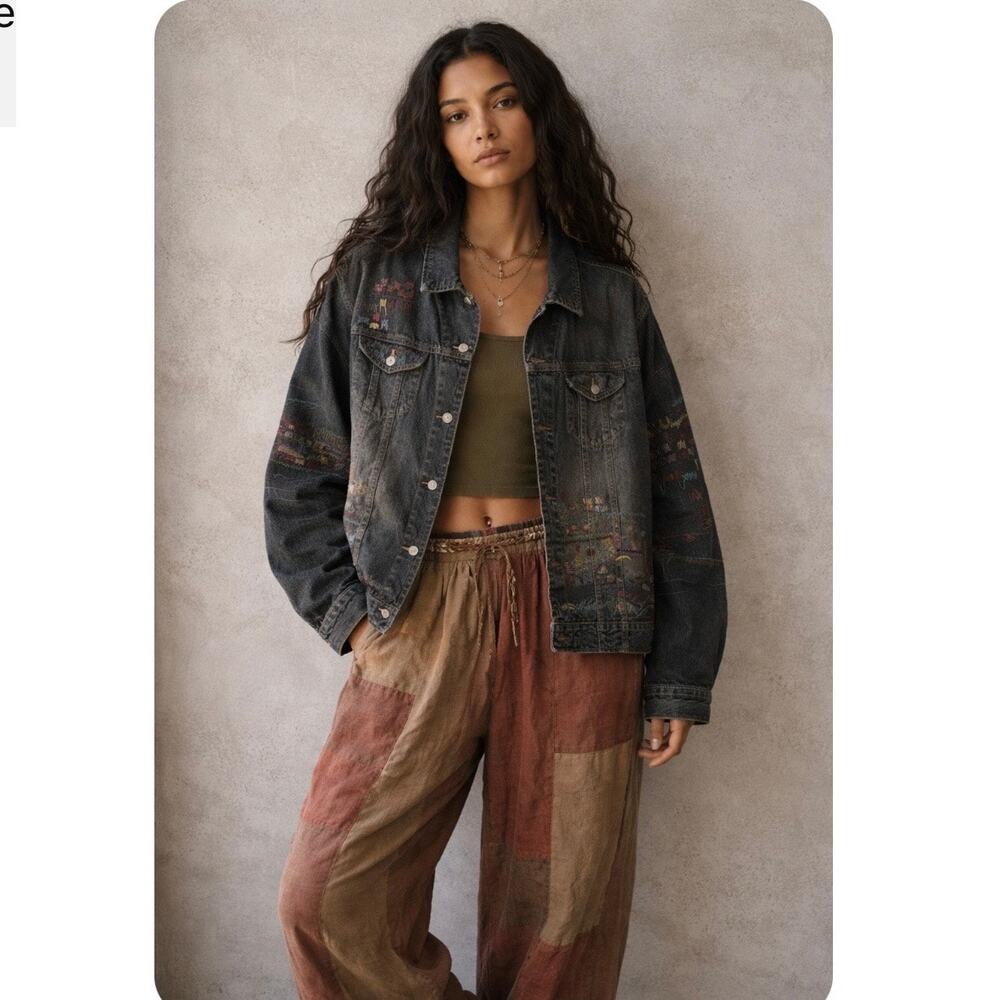 Chico’s Oversized Embroidered Black Denim Jean Jacket - Picture 6 of 12
